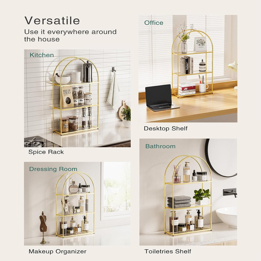 Crofy 3-Tier Arched Wall Shelf with Gold Frame & Transparent Shelves