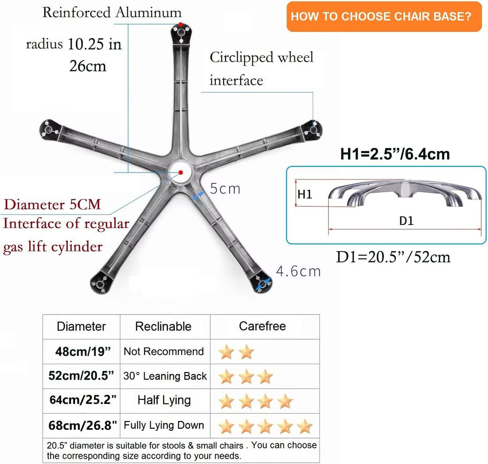 Kaleurrier Stool Chair Base Replacement: Heavy Duty Wheeled Base - 20.5”