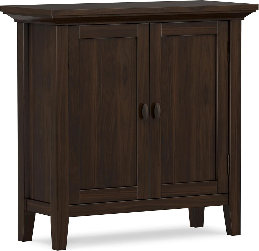 SIMPLIHOME Redmond 32" Wide Solid Wood Cabinet in Brunette Brown