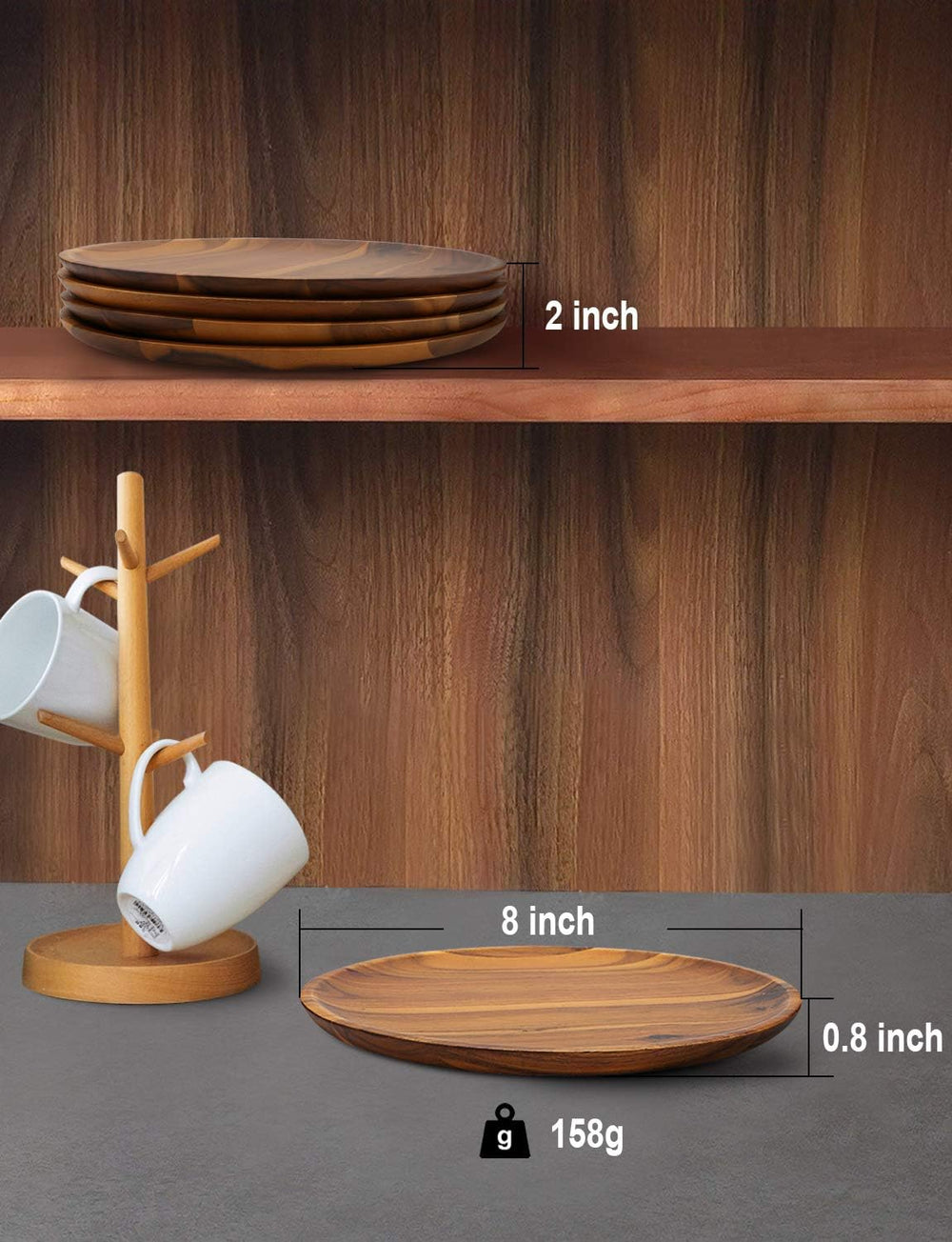 AIDEA Acacia Wood Dinner Plates, 8 Inch Round Wood Plates Set of 4, Easy Clea...