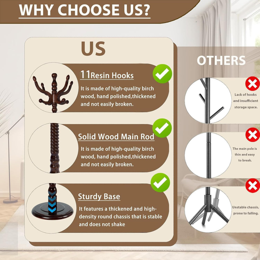 Solid Wooden Coat Rack Stand, Coat Racks Freestanding with 11 Hooks, Natural ...