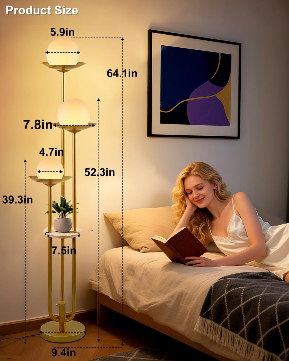 63IN Globe Floor Lamp with Shelf 3-Lights Modern Dimmable Floor Lamps with 30...
