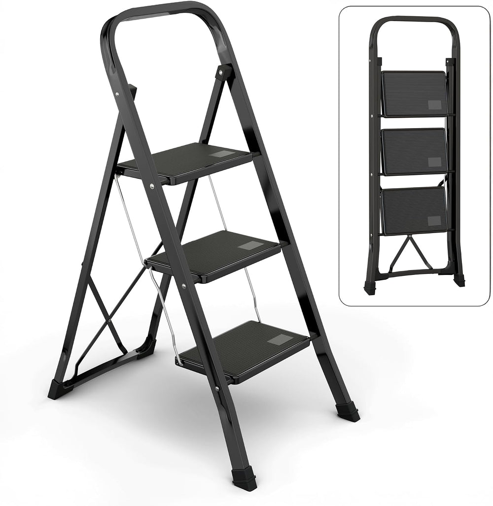 3-Step Ladder with Wide Anti-Slip Platform & Thick Rubber Feet | Heavy Du...