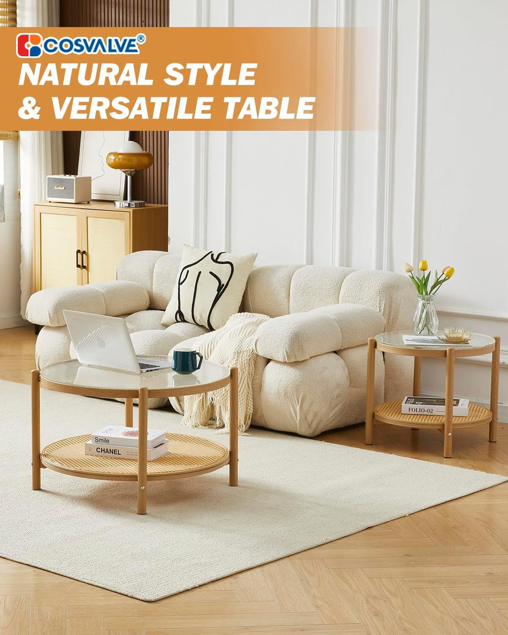 COSVALVE 27.5" Boho Rattan Coffee Table, Round Glass Metal Center Table