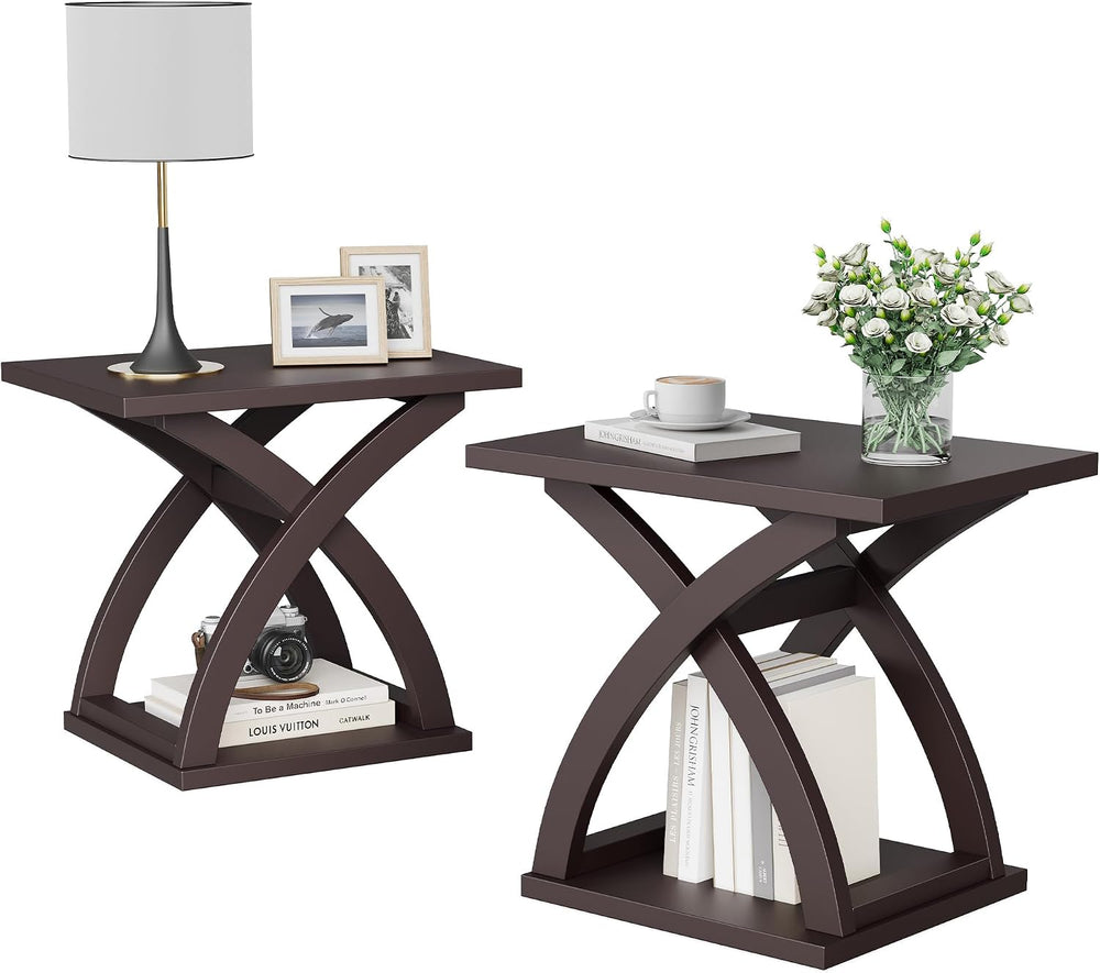 ChooChoo Side Table, Modern End Table with Storage Shelf, X-Design