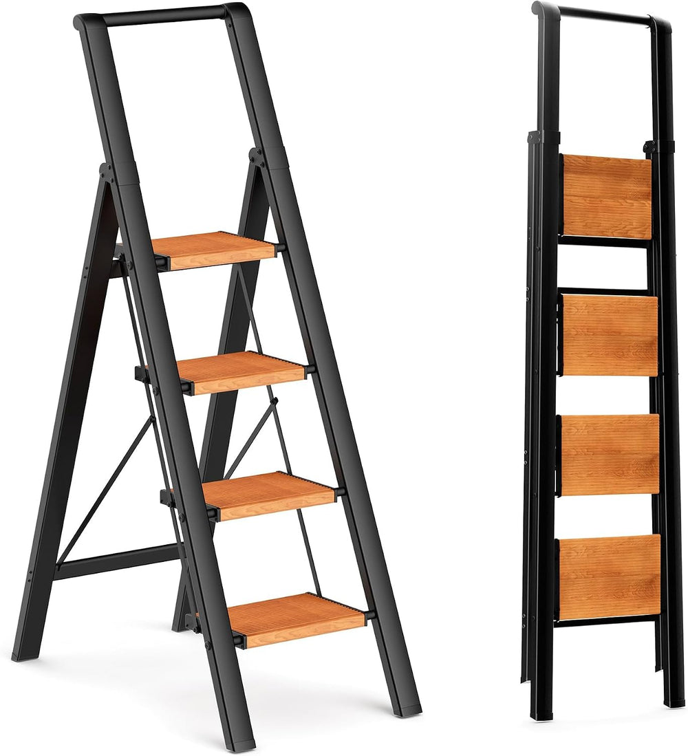 4 Step Ladder, Foldable 4 Step Stool, Black & Woodgrain