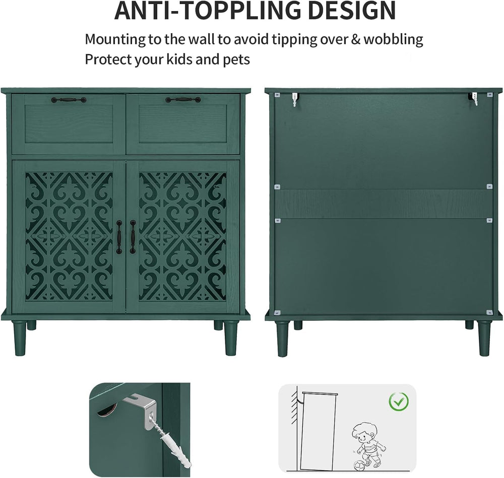 Green Buffet Sideboard Cabinet with 2 Doors 2 Drawers- Accent Cabinet with Ad...