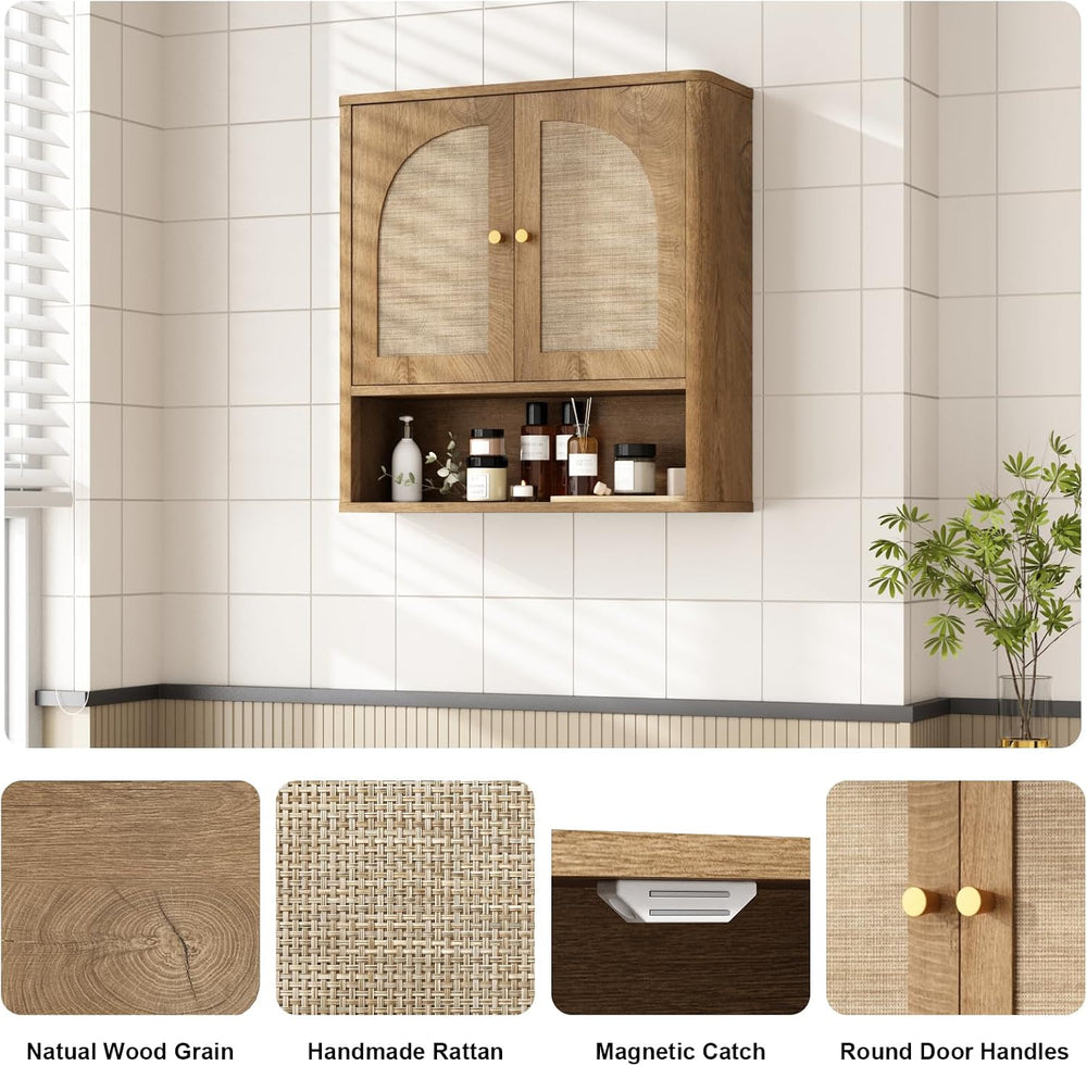 RUSTOWN Rattan Bathroom Wall Cabinet with 2 Arched Doors & Adjustable Shelf