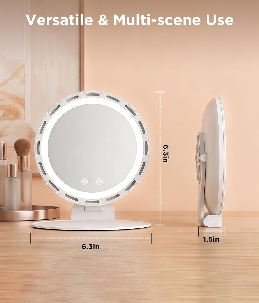 Travel Makeup Mirror with Fan, Rechargeable, 3 Color Dimmable Lighting