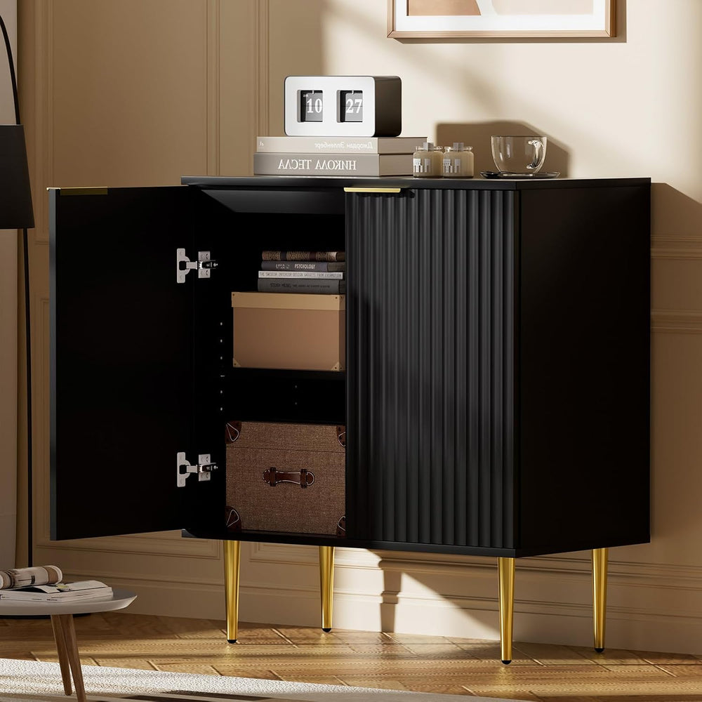 EOYUTLLY Black Fluted Storage Cabinet,Wood Sideboard Buffet Cabinet with Adju...