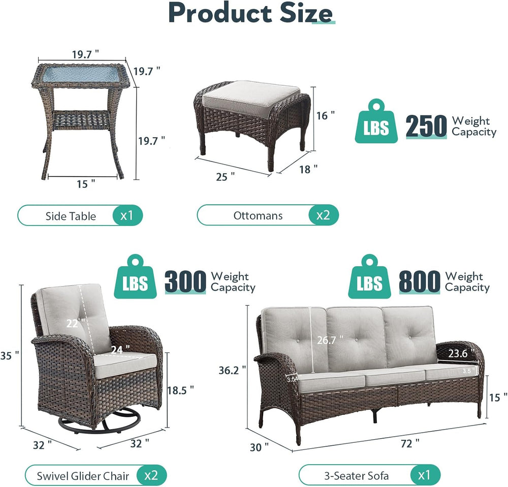 6 Piece Patio Furniture Set - Wicker Patio Conversation Set with Swivel Glide...