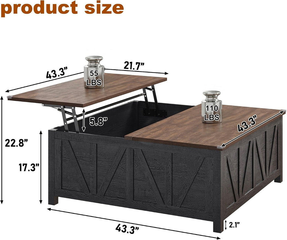 chartustriable 43.3“ Lift Top Coffee Table with Storage, Farmhouse Coffee Tab...