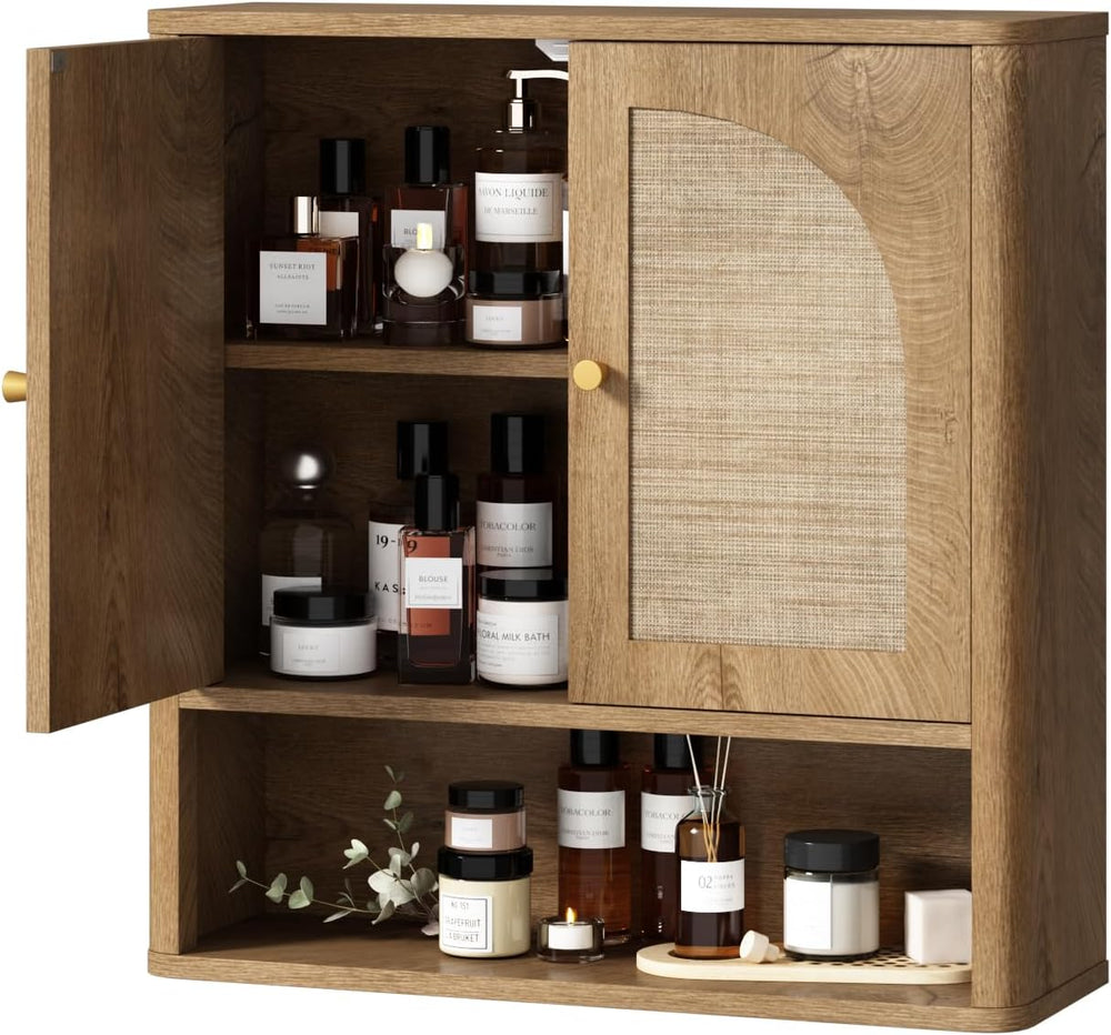 RUSTOWN Rattan Bathroom Wall Cabinet with 2 Arched Doors & Adjustable Shelf