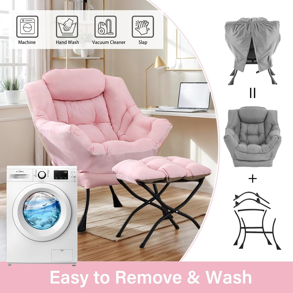 Lazy Chair with Ottoman, Soft Comfy Chair for Bedroom, Pink