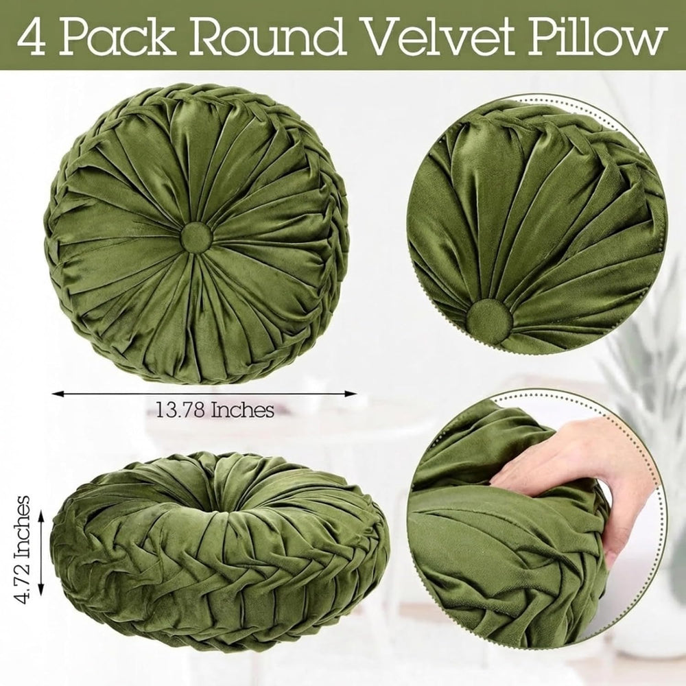 Kathfly 4 Pcs Round Throw Pillows Velvet Pleated Pillows, Olive Green