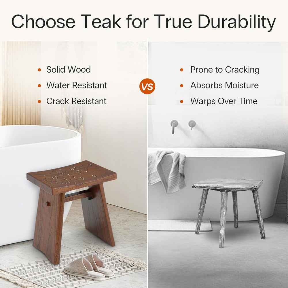 StrongTek Teak Shower Stool, 18 in, Curved Seat, 350 lb, Dark Brown