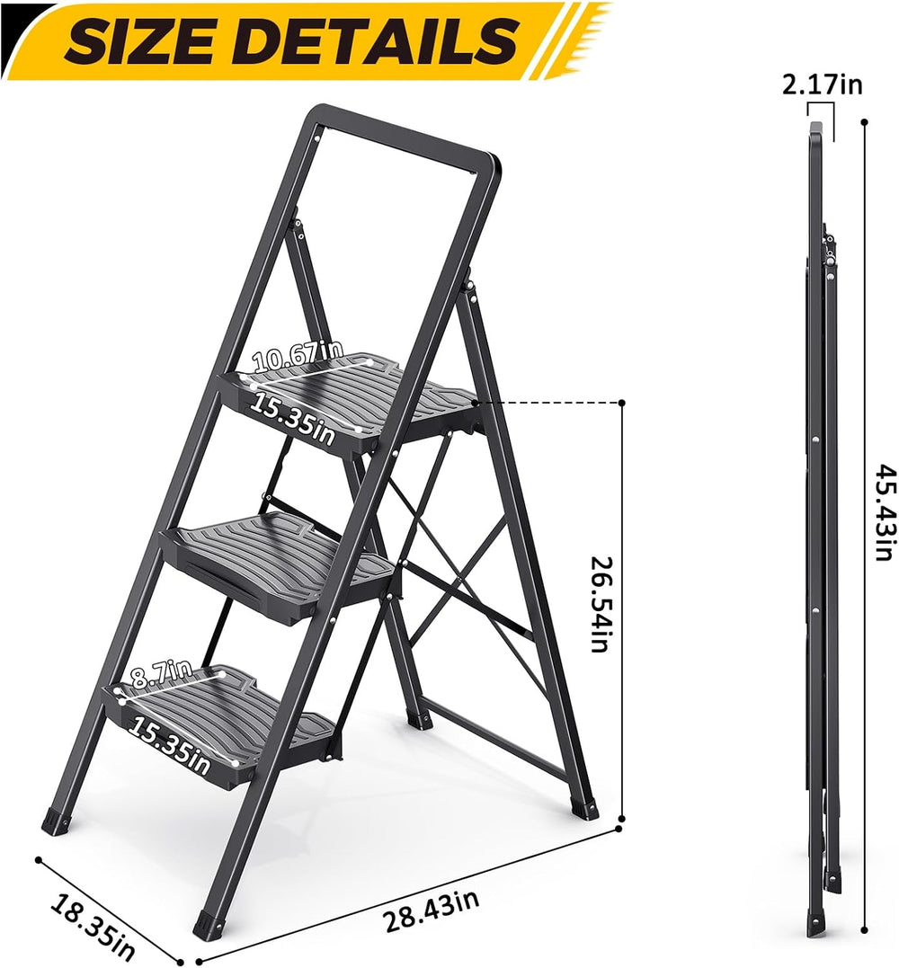 KINGRACK 3 Folding Step Ladder with Handrail, Steel Step Stool, Black