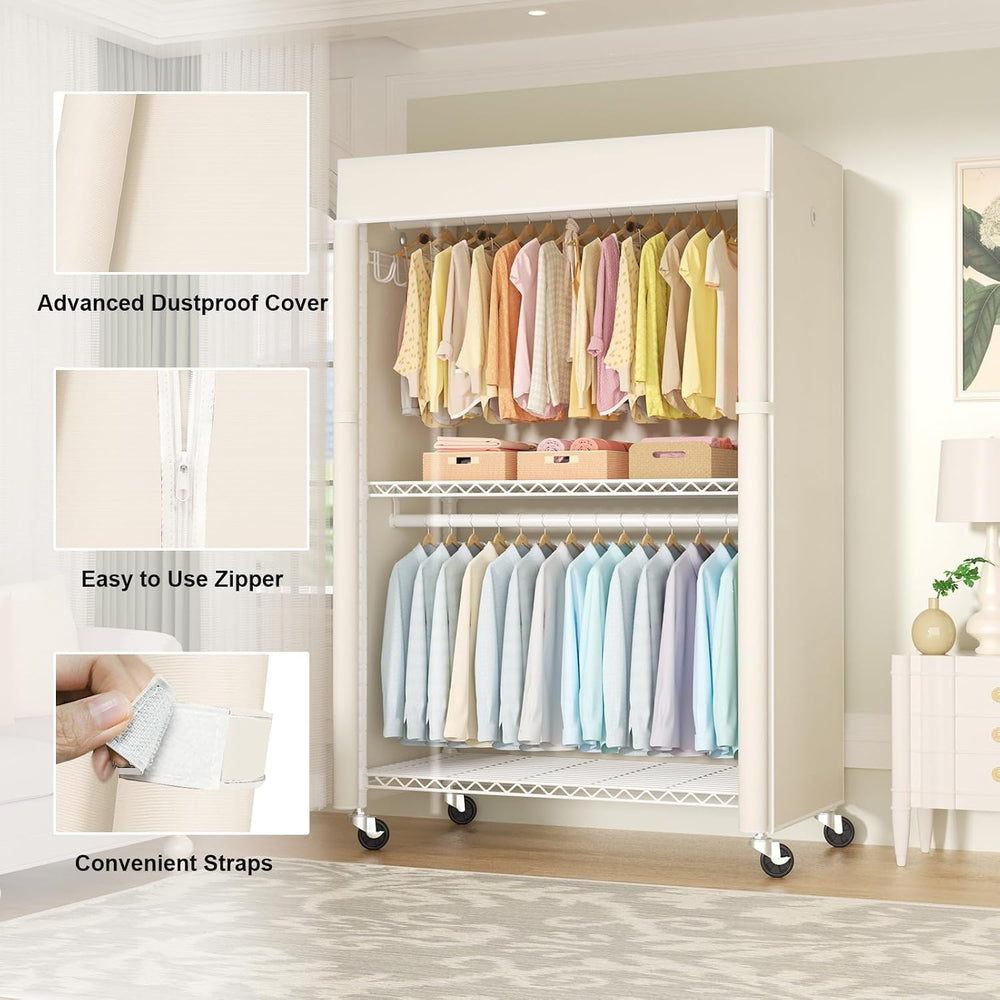 FUTASSI White Clothing Rack with Beige Cover, P1C Plus Rolling Closet