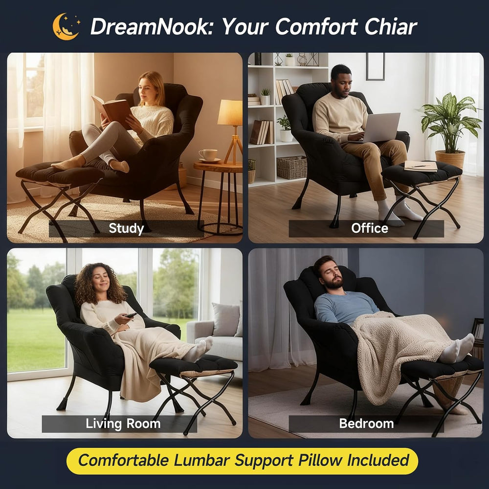 Lazy Chair with Ottoman, Comfy Chair with Pillow, Black