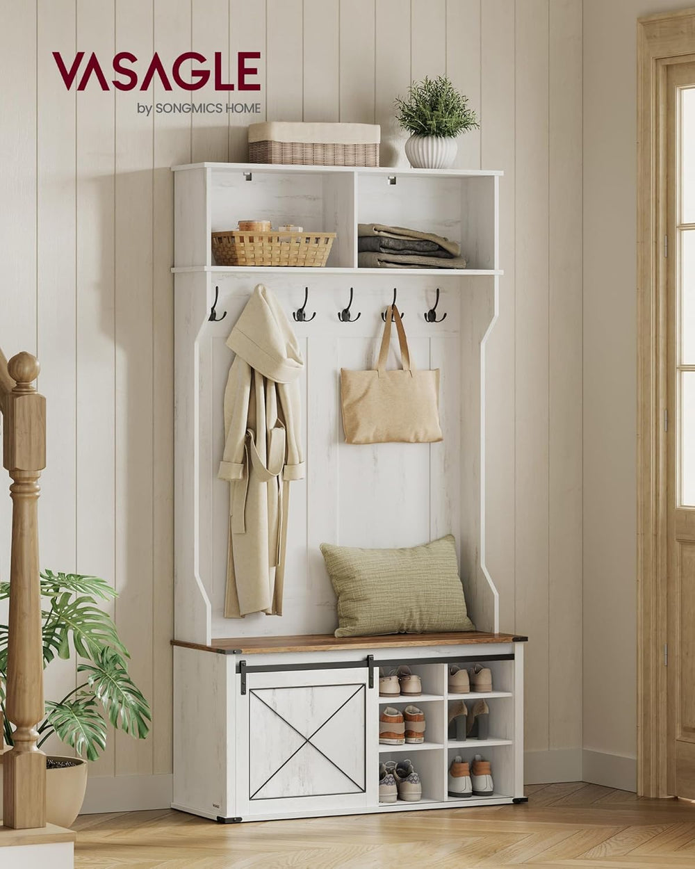 VASAGLE Hall Tree with Bench and Shoe Storage, 6 Tri-Hooks, Sliding Door