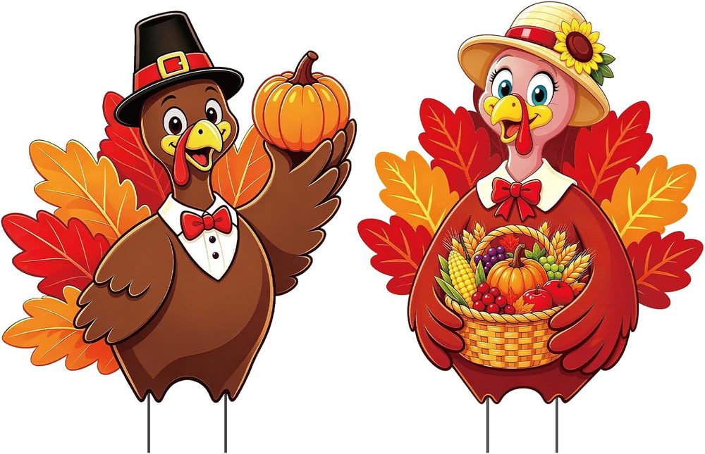 2 Pack Thansgiving Turkey Garden Stakes Metal Turkey Pumpkin Fall Yard Sign