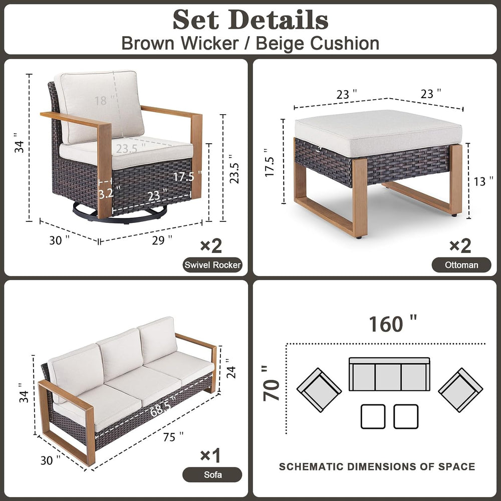 Belord 5 Piece Patio Furniture Set with Swivel Chairs, PE Wicker Patio Sofa S...