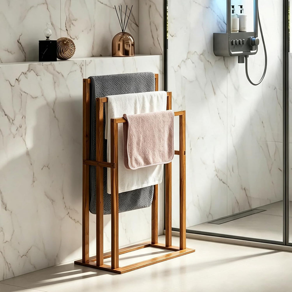 Utoplike Teak Standing Towel Rack for Bathroom, Freestanding Holder 3 Bars