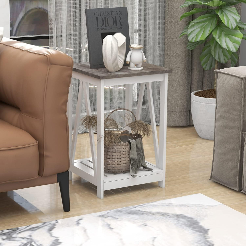 End Table, Farmhouse Square Side Table with Slat Shelf, 15.7" Oak White