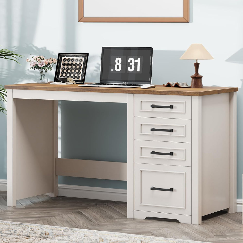 Vabches Farmhouse 49” Executive Desk with File Drawer, White Brown