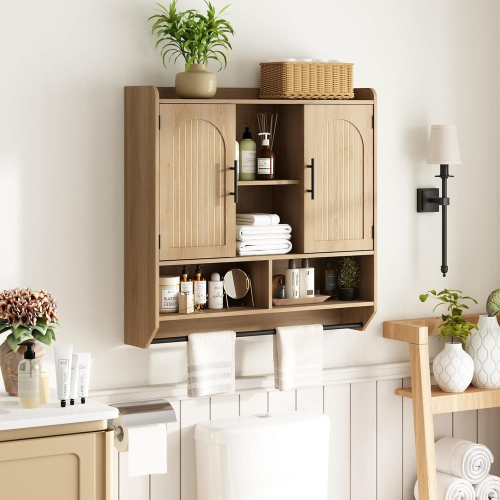 RUSTOWN Fluted Bathroom Wall Cabinet with Arched Doors & Adjustable Shelves