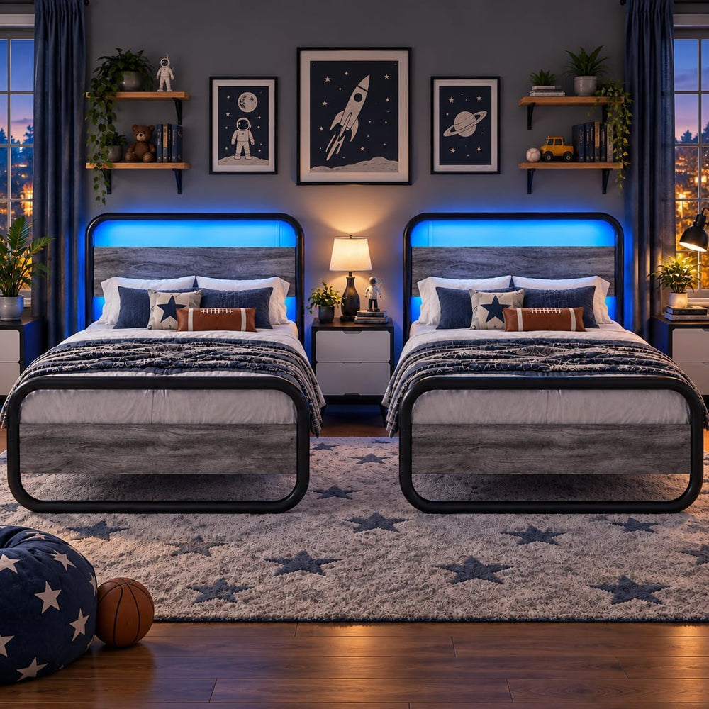 Catrimown Twin Size Bed Frame with Headboard and LED Lights, Grey