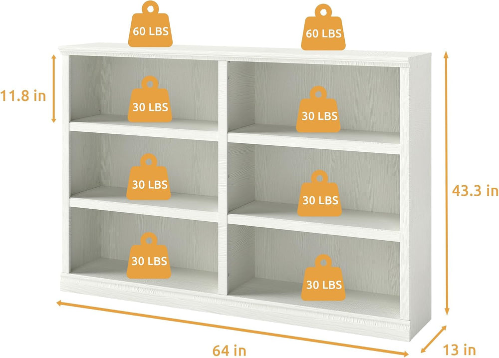 64" W Double Wide Open Shelf Bookcase, 3 Tiers 6 Storage Cube Book Shelf