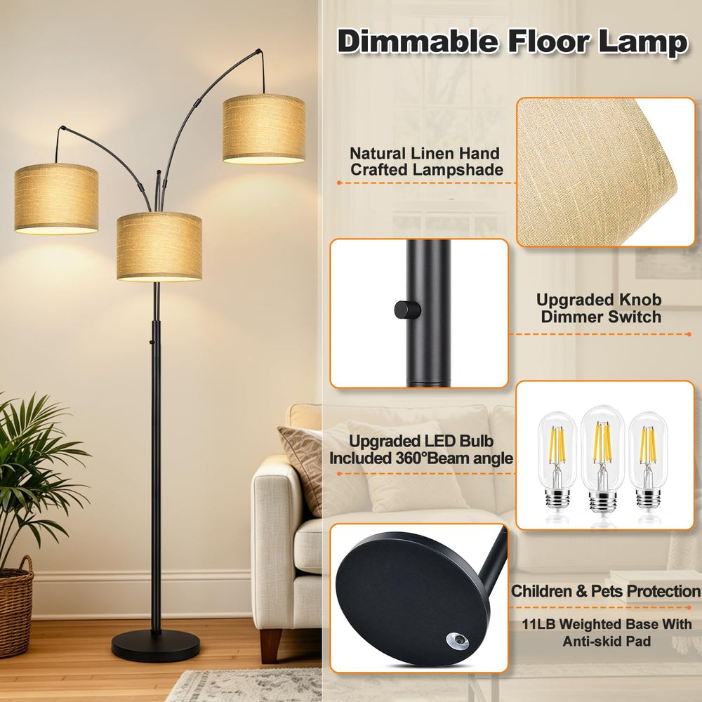 Nintiue Dimmable Floor Lamp, 3 Lights, Gold Arc, Champagne