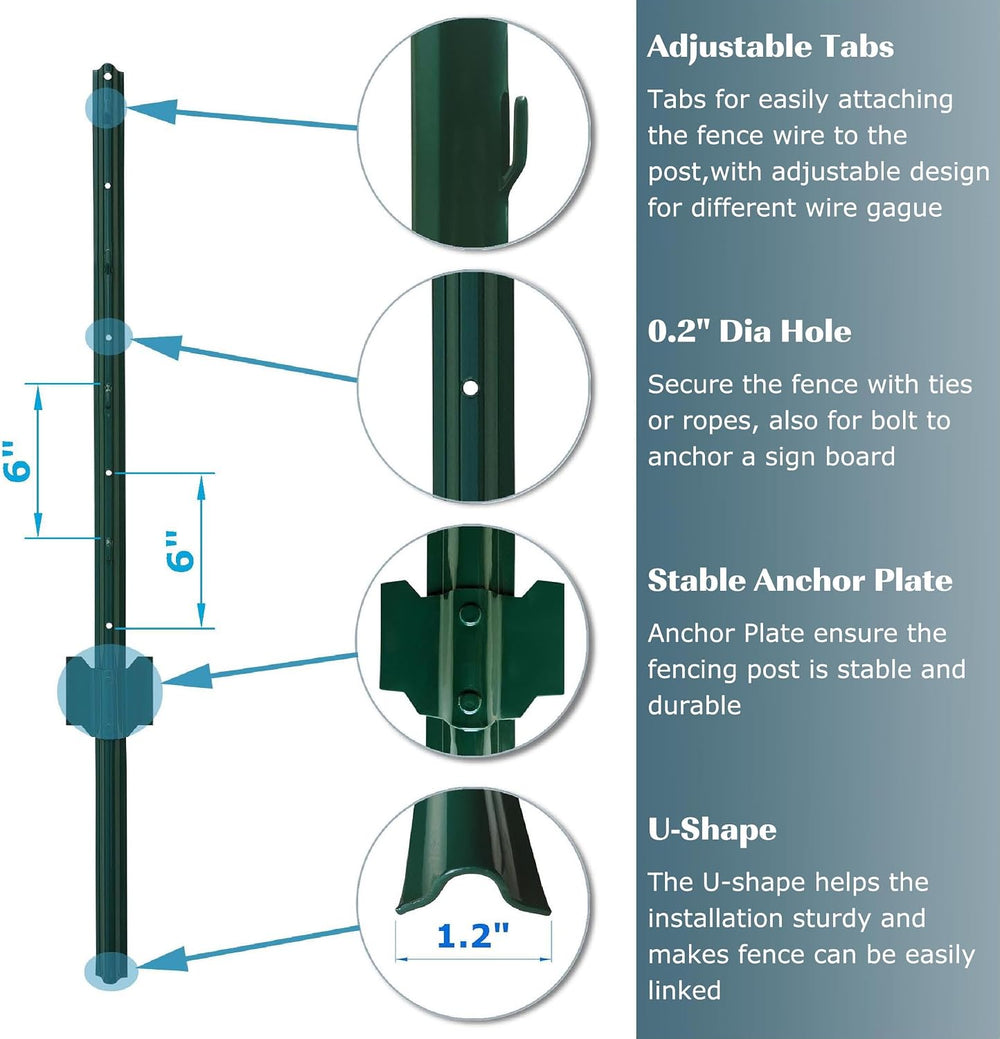 4 Feet Metal Fence Post Green, Pack of 15, for 36 Inch High Garden Welded Wir...