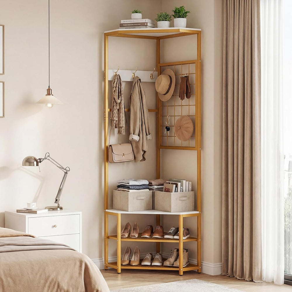 GOFLAME Corner Hall Tree, Freestanding Coat Rack Stand with Storage Shelves, ...