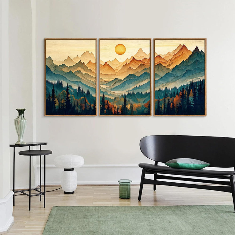 Tinonedraw Large Mountain Framed Canvas Wall Art Set of 3, Boho Nature Forest...