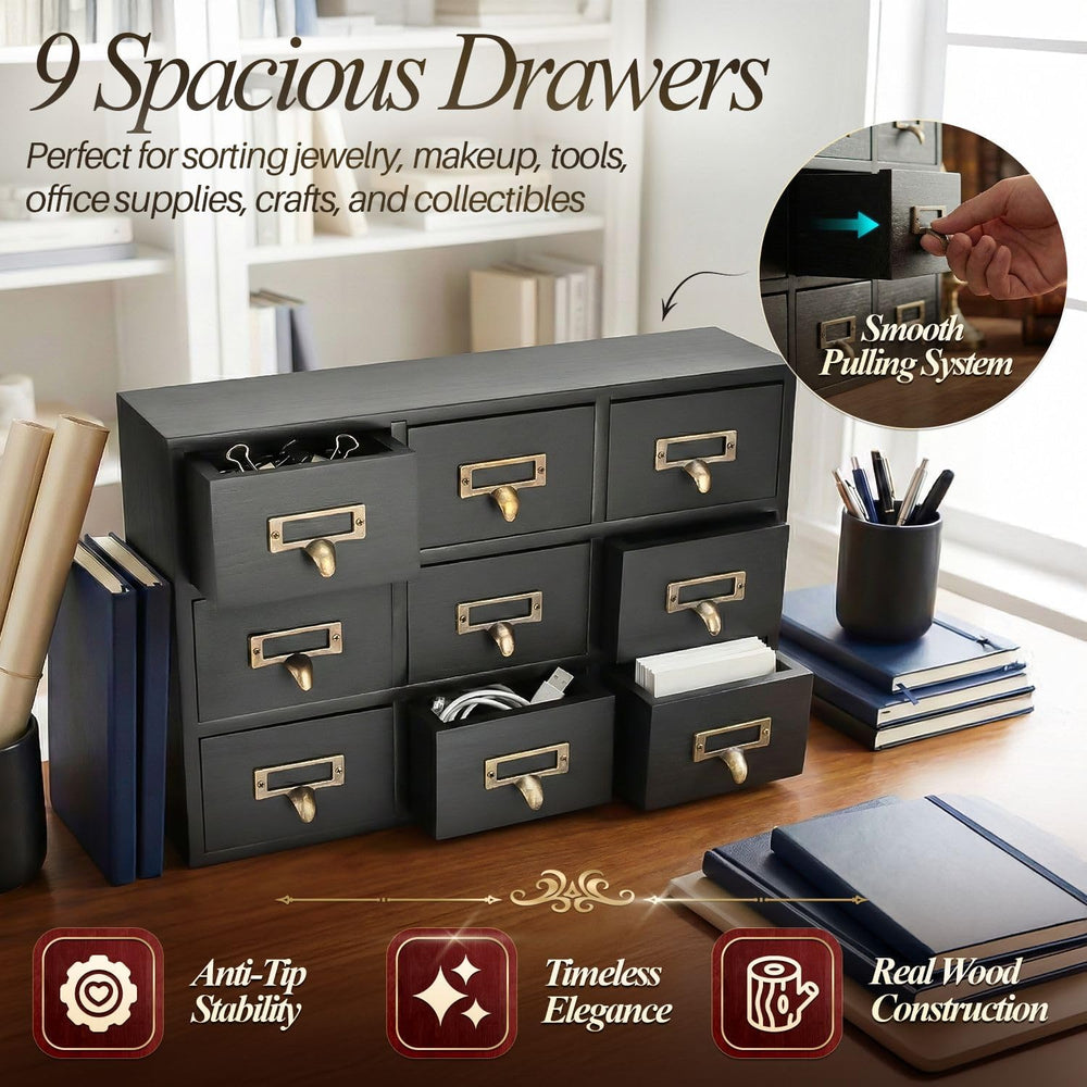Flexzion Apothecary Cabinet with 9 Drawers, Black Card Catalog Cabinet