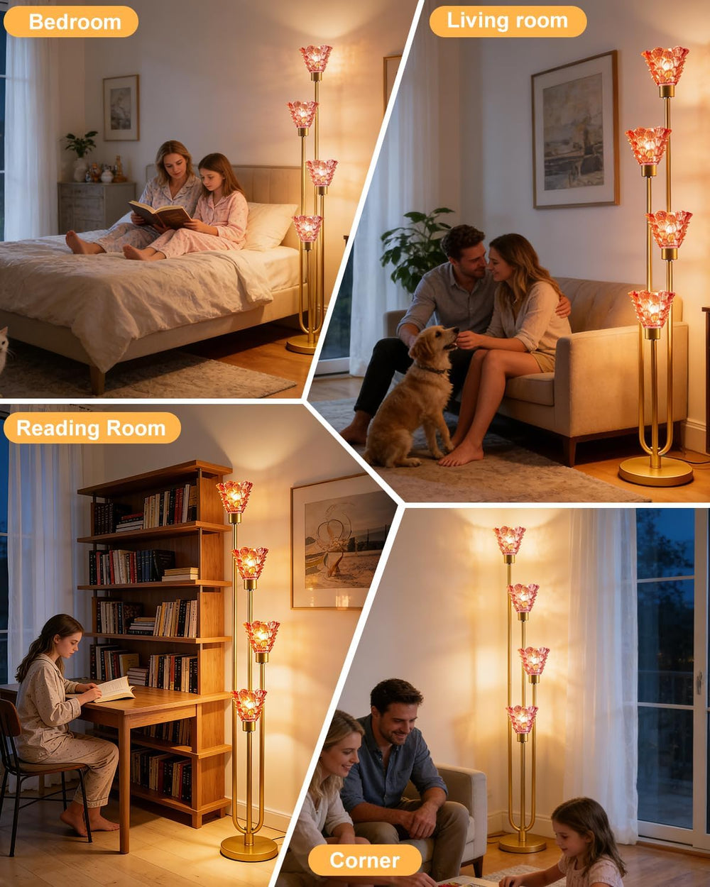 Lightdot Glass Floor Lamp Dimmable 4-Light Red Shade Gold Floor Lamps