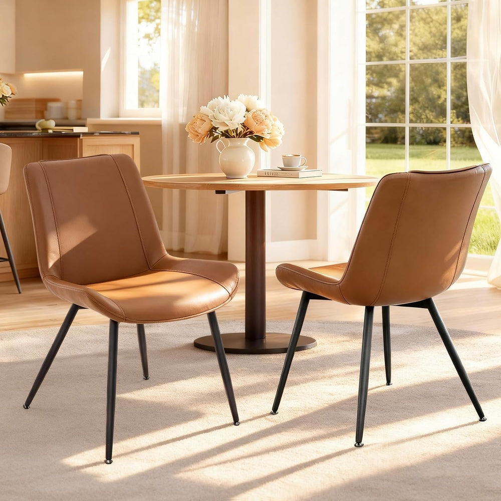 Dining Chairs Set of 2, PU Leather Armless with Metal Legs Brown