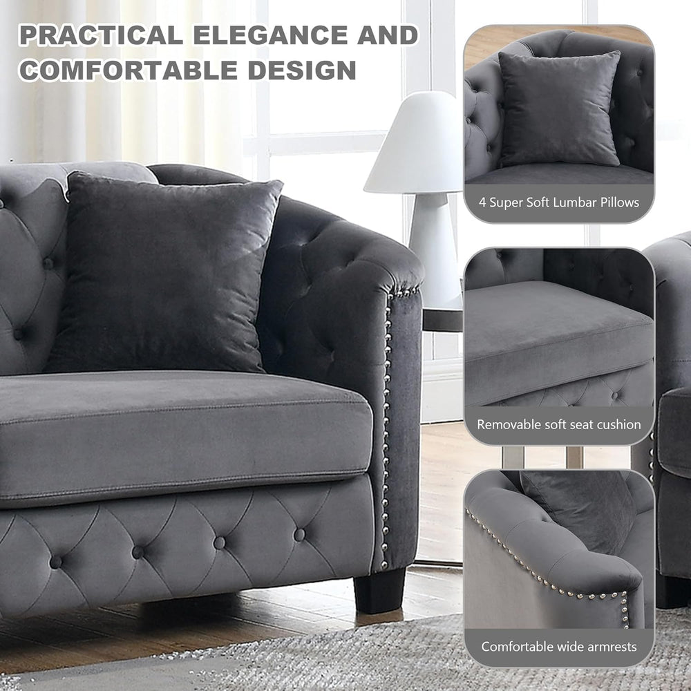 2 Piece Modern Chesterfield Velvet 77" 3-Seater+59" Loveseat Sofa S...