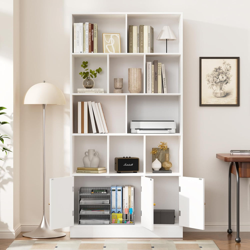 Housoul 71" Tall Bookshelf, Bookcase with 10 Cubes and 3 Doors, White