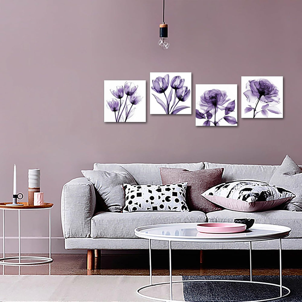 iKNOW FOTO 4pcs X-Ray Purple Flower Wall Art Print Set - Minimalist Floral Pl...