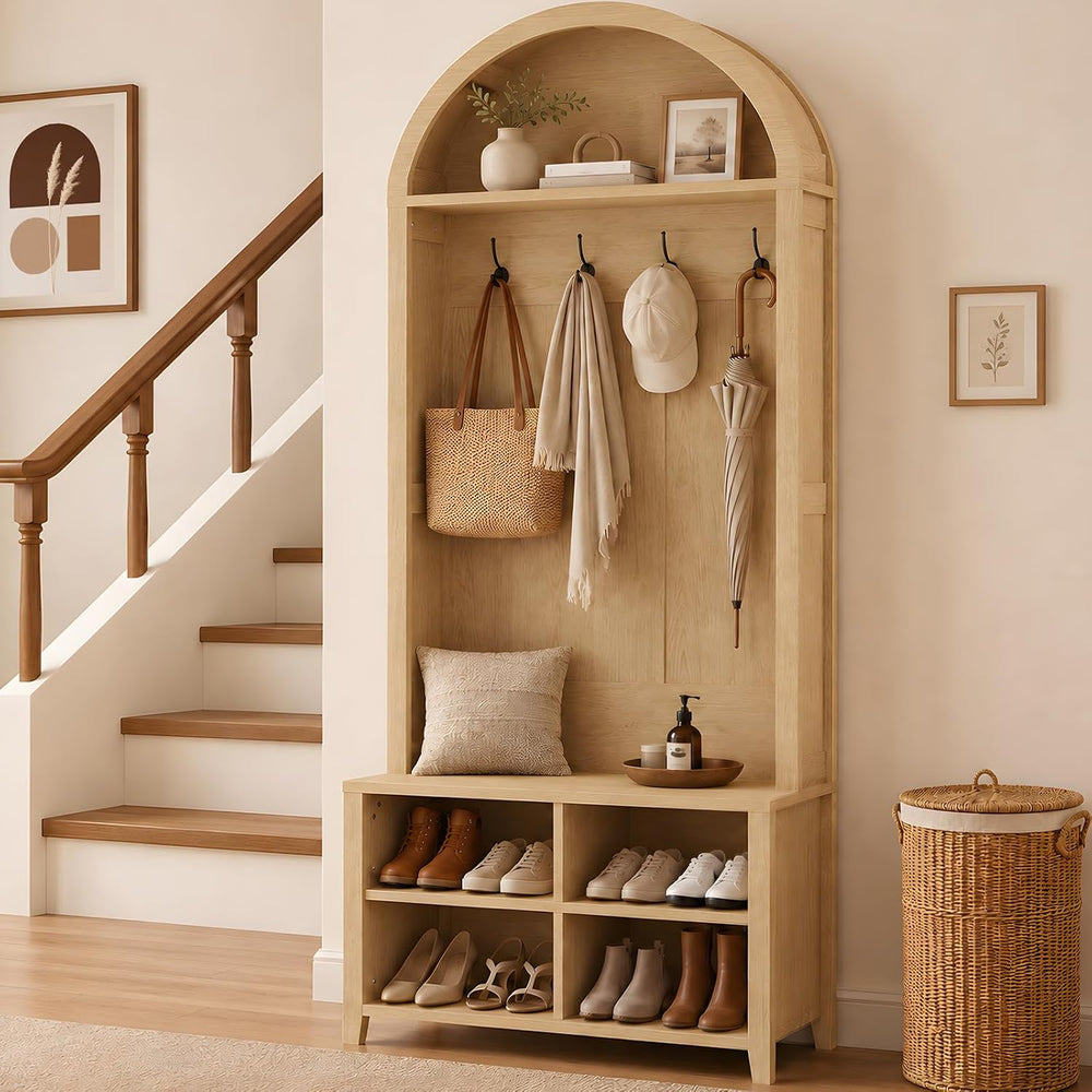 Arched Hall Tree with Bench and Shoe Storage (Oak, 32" W)
