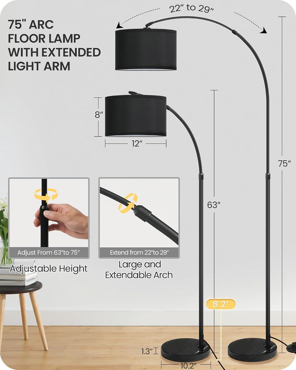75" Dimmable Black Arc Floor Lamp with Marble Base and Adjustable Height