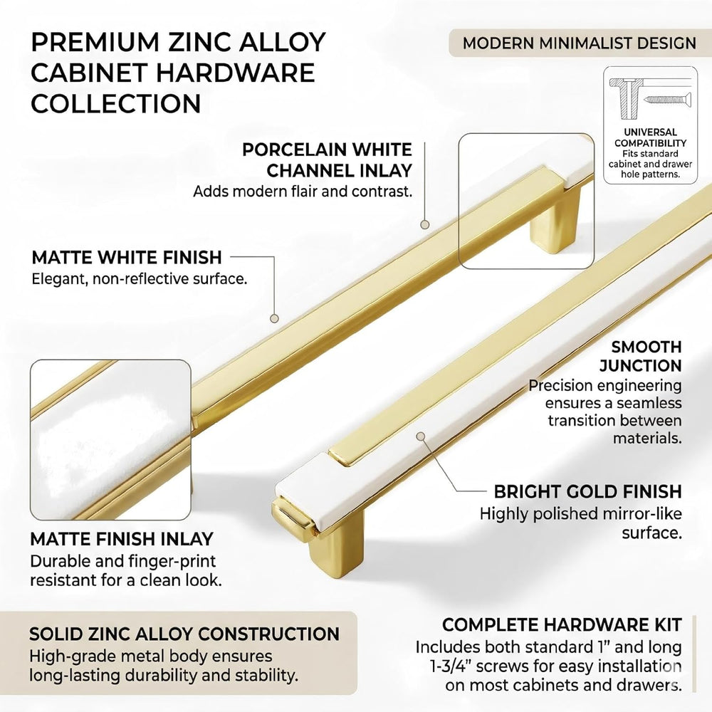 10 Pack White and Gold Cabinet Pulls, 192mm Hole Center