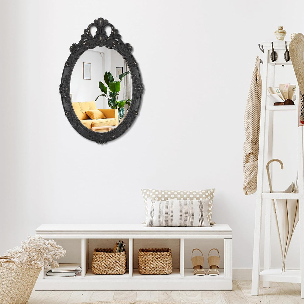 Vintage Black Hanging Mirror, Oval Carved Wood Frame Wall Mounted Mirrors