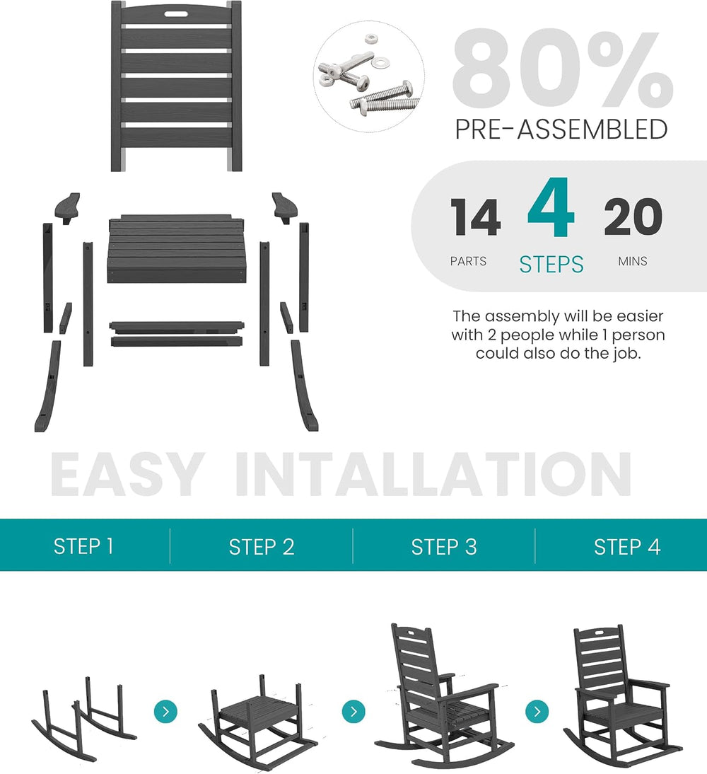 SERWALL 2-Pc Rocking Chair Set with Footboard, HDPE, 350lbs Cap, Gray