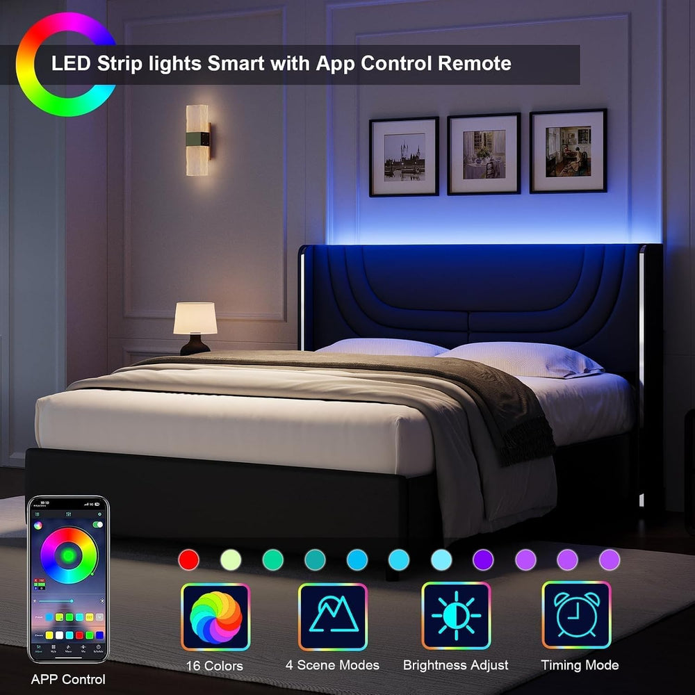 REVOMINCA Queen Size Bed Frame with LED Lights and Headboard,Black