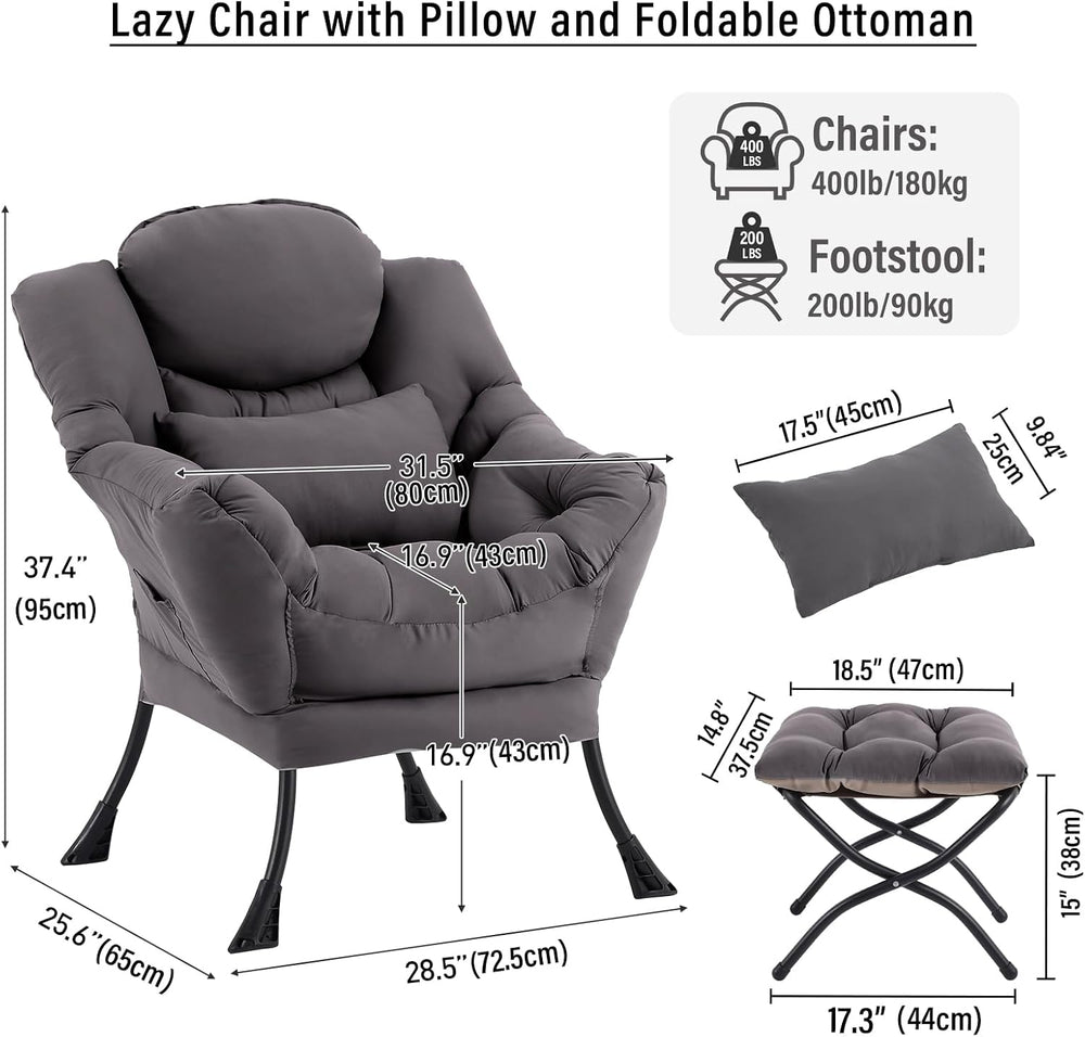 Lazy Chair with Ottoman, Comfy Chair with Pillow,Dark Grey