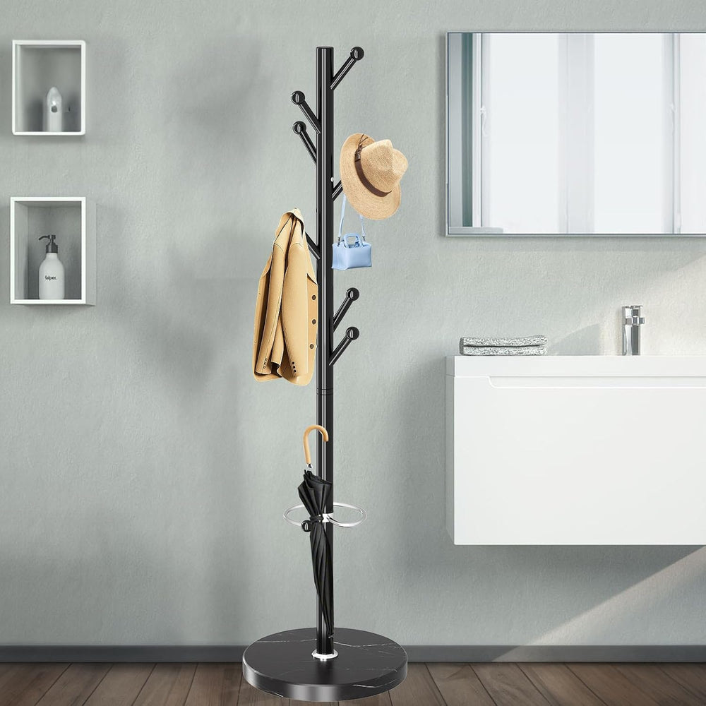 OIRUMIE Coat Rack,Coat Rack Stand with 8 Hooks Umbrella Hoolder Marble Base